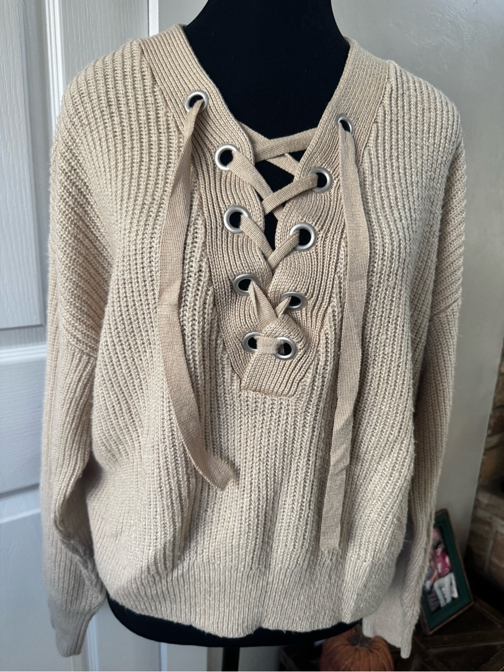 H&M Beige Lace-Up Knit Sweater